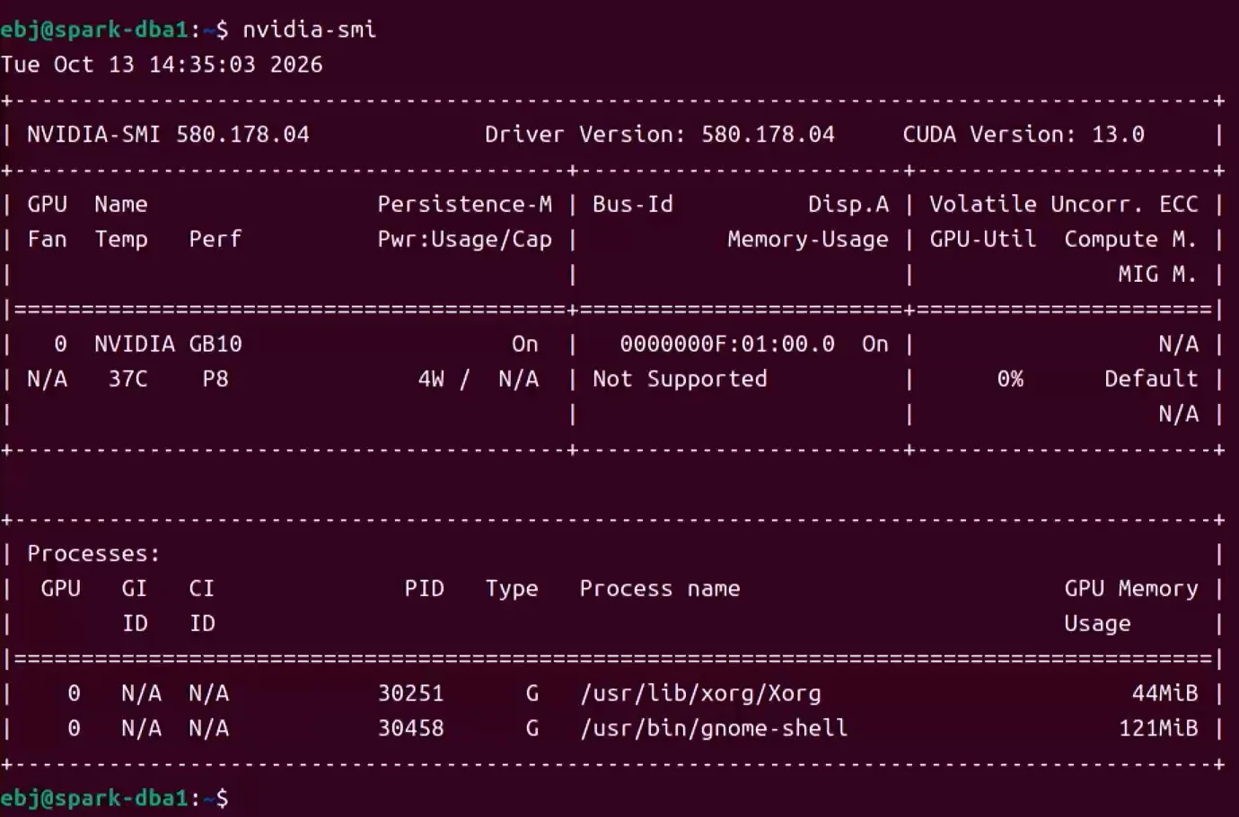 nvidia-smi の実行結果。GPU名は NVIDIA GB10、Driver Version 580.178.04、CUDA Version 13.0 と表示されている