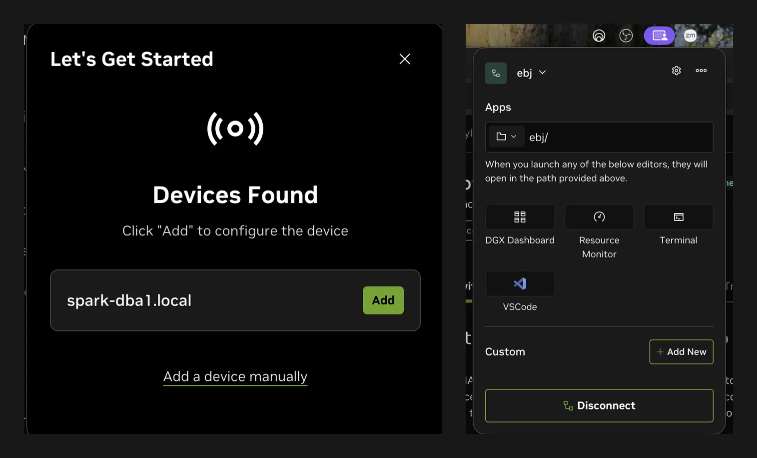 NVIDIA Sync の画面。左は同じネットワーク上で見つかった本体が一覧に出ている画面、右は接続後に DGX Dashboard、Resource Monitor、Terminal、VSCode を選べるメニュー